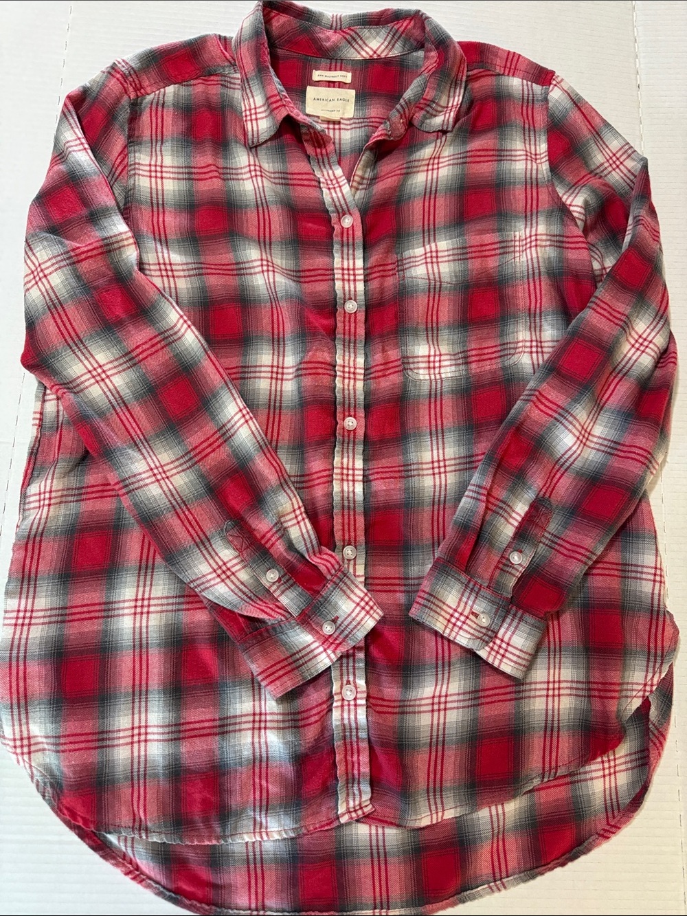 American Eagle Outfitters Red, Gray and White Plaid Button-Down Shirt